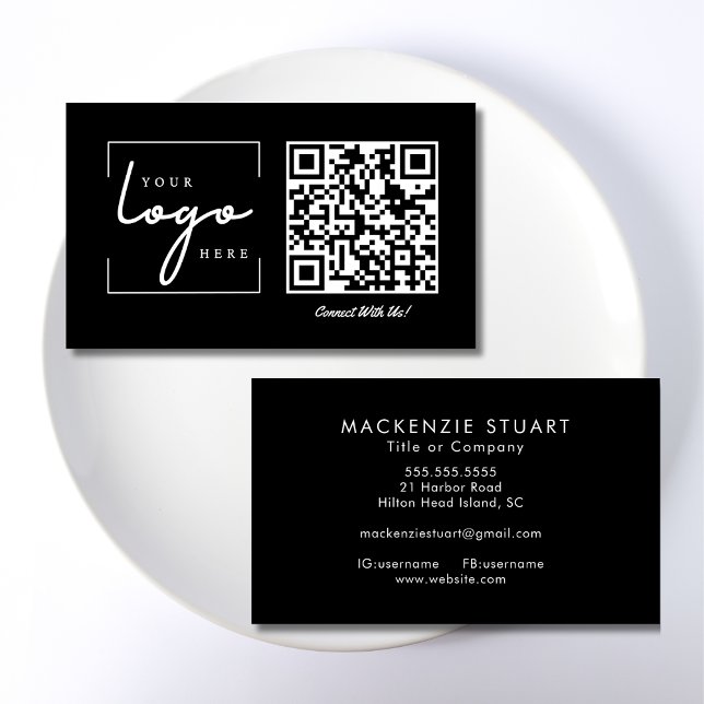 Carte De Visite Code QR Logo Entreprise Noir Moderne Professionnel (Créateur téléchargé)