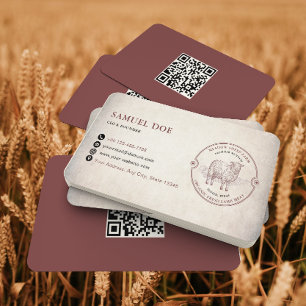 Carte De Visite Code QR LOGO Ferme de mouton agneau Rouge Vintage