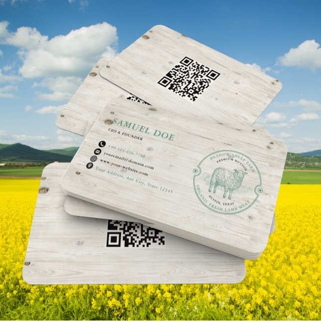 Carte De Visite Code QR LOGO Ferme de mouton d'agneau rustique Ver (Créateur téléchargé)