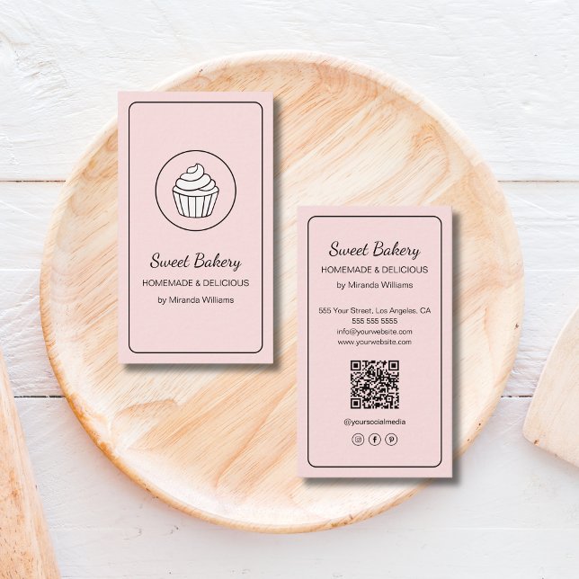 Carte De Visite Code QR Logo Gâteau Cupcake Boulangerie Moderne Ro (Modern Bakery Cupcake Logo QR Code Pink Business Card)