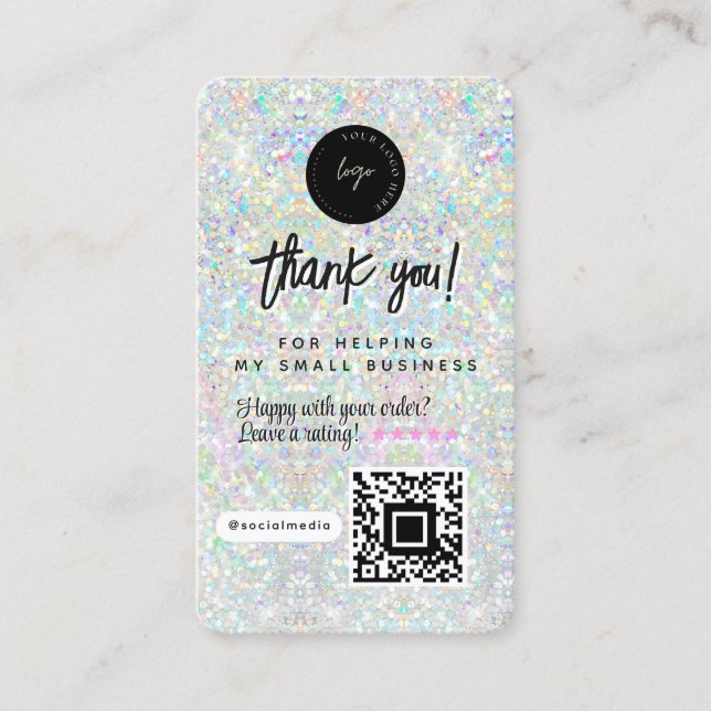 Carte De Visite Code QR & Logo Holographique Paillettes Merci (Devant)