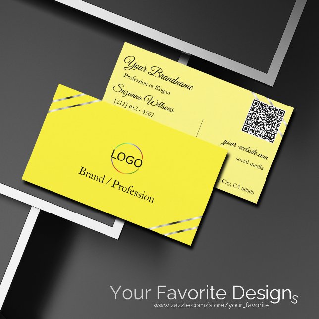 Carte De Visite Code QR Logo Lignes Argent Jaune et Crème (Créateur téléchargé)