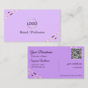 Carte De Visite Code QR Logo Lilas Lavande avec Lignes en Or Rose