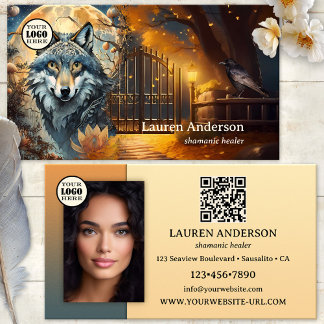 Carte De Visite Code QR Logo Loup Pleine Lune Chaman