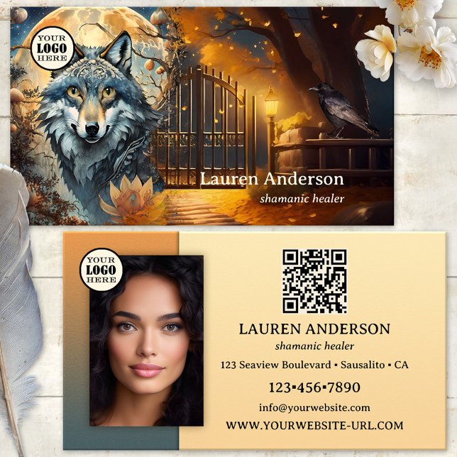 Carte De Visite Code QR Logo Loup Pleine Lune Chaman (Business card featuring an artistic design with a wolf at full moon with a gate and raven - shaman)