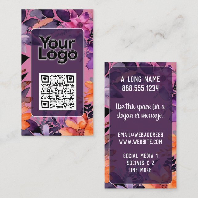Carte De Visite Code QR Logo Lys Orange Rose Violet  (Devant / Derrière)