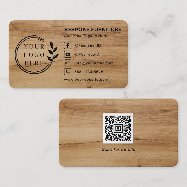 Carte De Visite Code QR Logo Médias Sociaux Menuiserie Bois Modern (Devant / Derrière)
