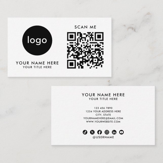 Carte de visite Code QR Logo Moderne Design Blanc (Devant / Derrière)