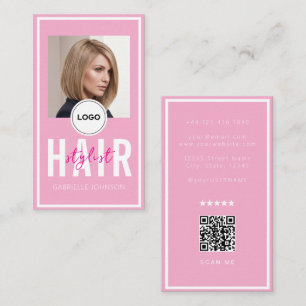 Carte De Visite Code QR Logo Moderne Rose Pâle Coiffeur Blanc 