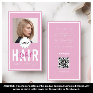 Carte De Visite Code QR Logo Moderne Rose Pâle Coiffeur Blanc