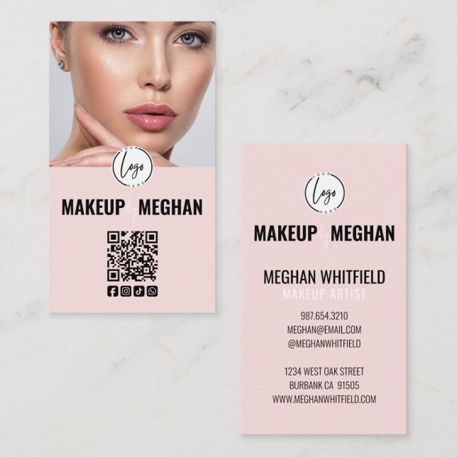 Carte De Visite Code QR Logo Moderne Rose Pâle Photo Maquillage Ca (Devant / Derrière)