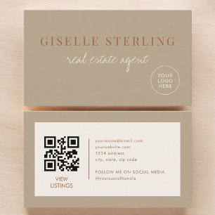 Carte De Visite Code QR Logo Neutre Beige Agent Immobilier