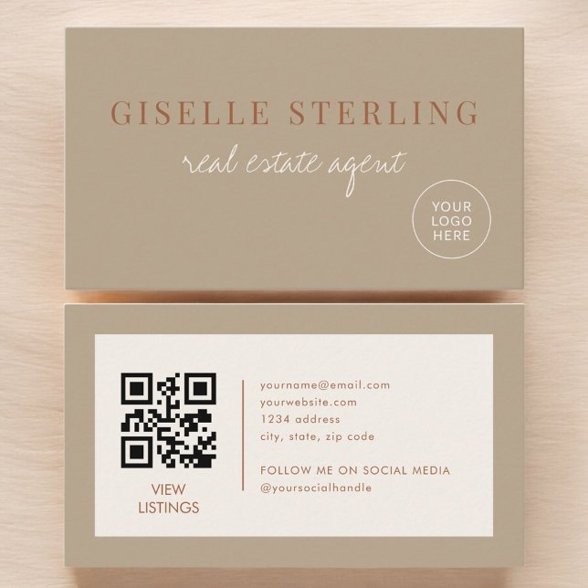Carte De Visite Code QR Logo Neutre Beige Agent Immobilier (Créateur téléchargé)