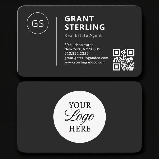 Carte De Visite Code QR Logo Noir Agent Immobilier Professionnel (Créateur téléchargé)