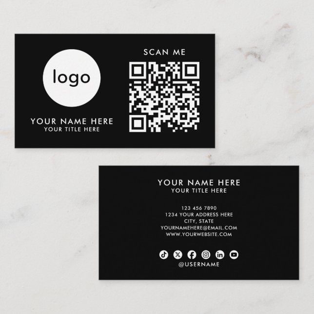 Carte de visite Code QR Logo Noir Moderne Design (Devant / Derrière)