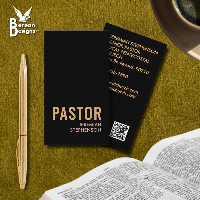 Carte De Visite Code QR Logo Or Noir Minimal Église PASTEUR (Elegant Black Gold PASTOR Business Card with Logo & QR code. Ideal for stylish church branding.)