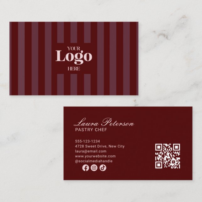Carte De Visite Code QR Logo Pâtisserie Rayures Bourgogne Luxe (Devant / Derrière)