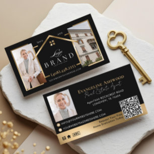 Carte De Visite Code QR Logo Photo Agent Immobilier Or Noir
