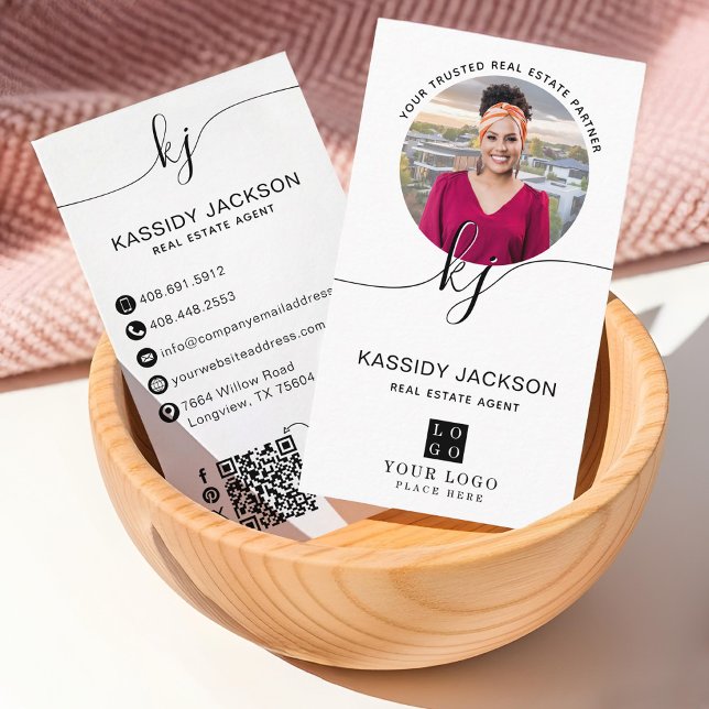 Carte De Visite Code QR Logo Photo Entreprise Cercle Monogramme Sc (Script Monogram Circle Business Photo Logo QR Code Business Card)