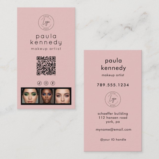 Carte De Visite Code QR Logo Photo Moderne Rose Pâle (Devant / Derrière)