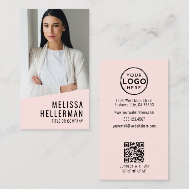 Carte De Visite Code QR Logo Photo Professionnel Rose Pâle Blush (Devant / Derrière)