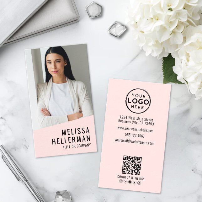 Carte De Visite Code QR Logo Photo Professionnel Rose Pâle Blush (Professional Photo QR Code Logo Blush Pink Business Card )