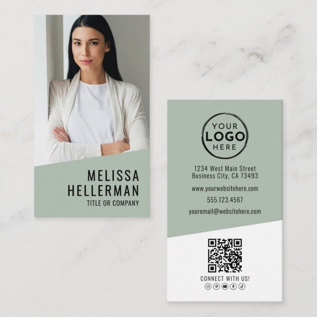 Carte De Visite Code QR Logo Photo Professionnel Vert Vertical (Devant / Derrière)