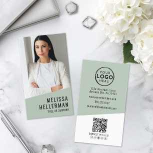 Carte De Visite Code QR Logo Photo Professionnel Vert Vertical