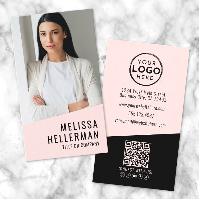 Carte De Visite Code QR Logo Photo Professionnel Vertical Rose (Professional Photo QR Code Logo Vertical Pink Business Card)
