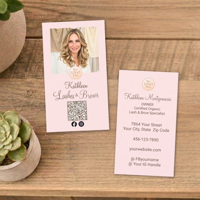 Carte De Visite Code QR Logo Rose Pâle Photo Cils et Sourcils (Créateur téléchargé)