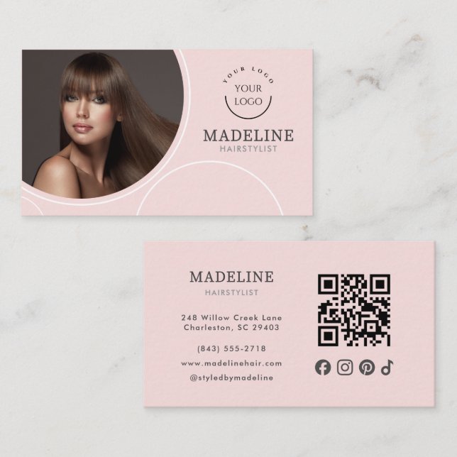 Carte De Visite Code QR Logo Rose Pâle Photo Coiffeur (Devant / Derrière)