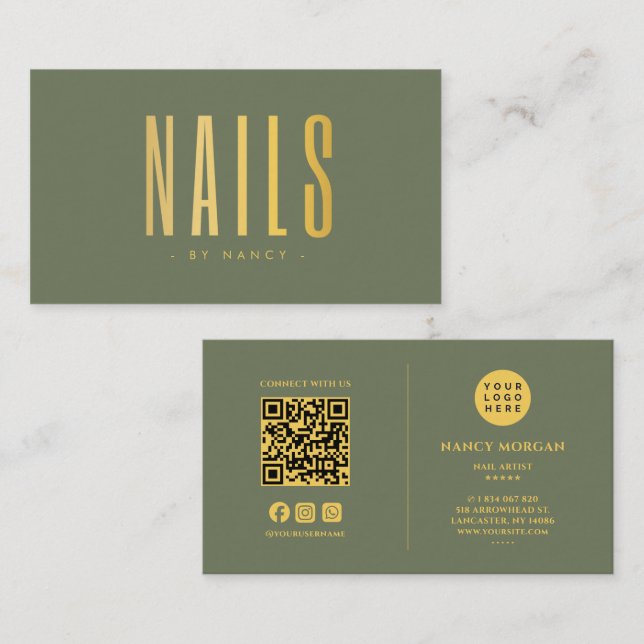 Carte De Visite Code QR Logo Sage Vert Et Or Nail Tech  (Devant / Derrière)