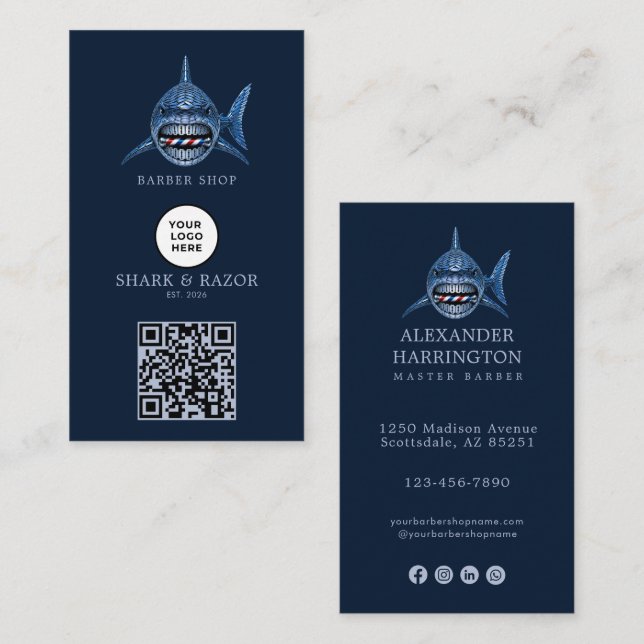 Carte De Visite Code Qr Logo Salon De Coiffure Modern Steel Shark (Devant / Derrière)