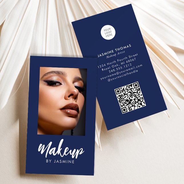 Carte De Visite Code QR Logo Script Bleu Marine Photo Maquillage (Créateur téléchargé)