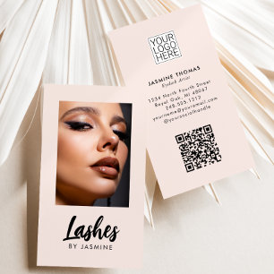 Carte De Visite Code QR Logo Script Rose Pâle Photo Artiste Cils
