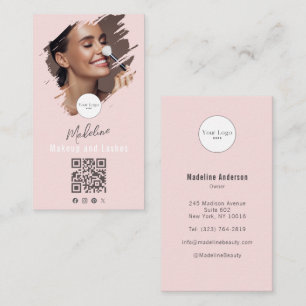 Carte De Visite Code QR Logo Script Rose Pâle Photo Maquillage
