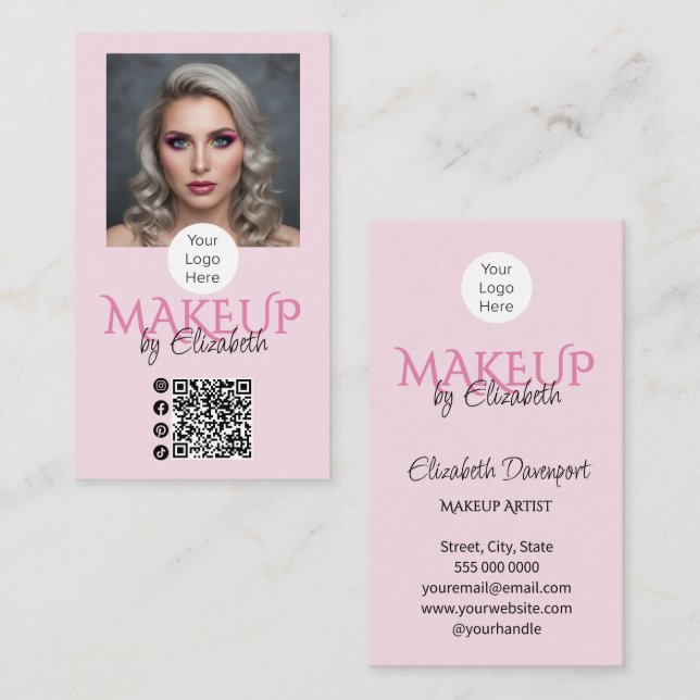Carte De Visite Code QR Logo Script Rose Pâle Photo Maquillage (Devant / Derrière)