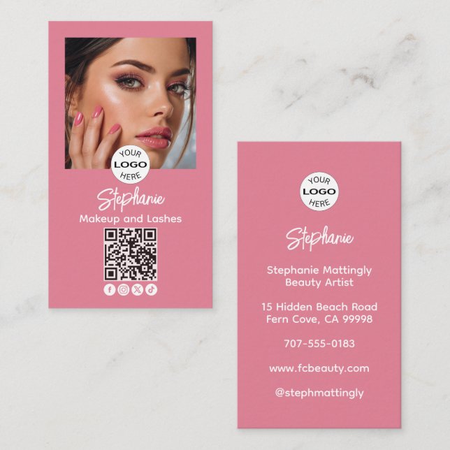 Carte De Visite Code QR Logo Script Rose Pâle Photo Maquillage (Devant / Derrière)