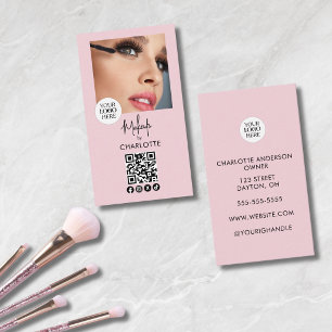 Carte De Visite Code QR Logo Script Rose Pâle Photo Maquillage