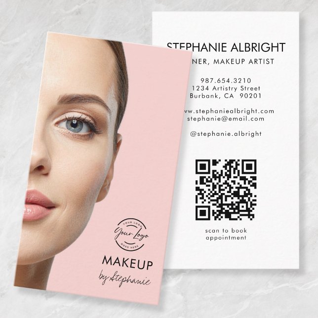 Carte De Visite Code QR Logo Script Rose Pâle Photo Maquillage (Créateur téléchargé)
