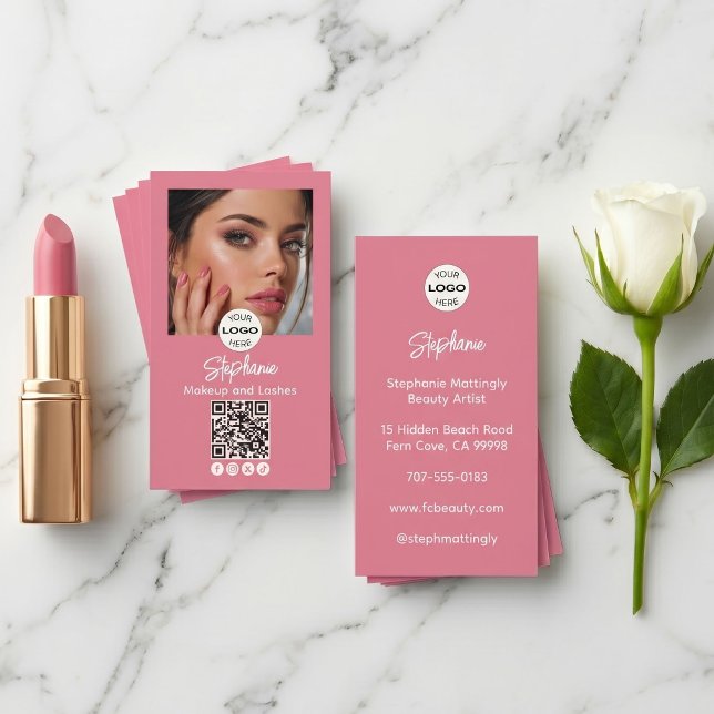 Carte De Visite Code QR Logo Script Rose Pâle Photo Maquillage (Créateur téléchargé)