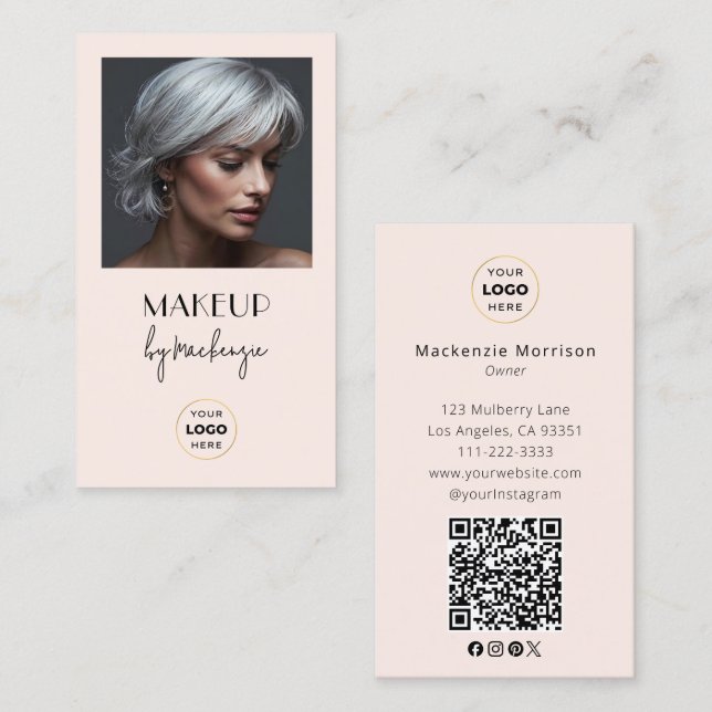 Carte De Visite Code QR Logo Script Rose Pâle Photo Maquillage (Devant / Derrière)