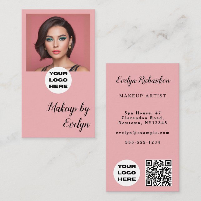 Carte De Visite Code QR Logo Script Rose Pâle Photo Maquillage (Devant / Derrière)