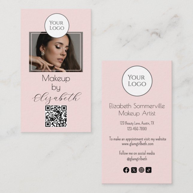 Carte De Visite Code QR Logo Script Rose Pâle Photo Maquillage (Devant / Derrière)