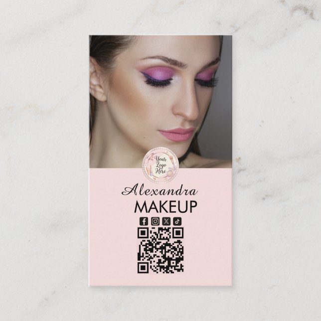 Carte De Visite Code QR Logo Script Rose Pâle Photo Maquillage (Devant)