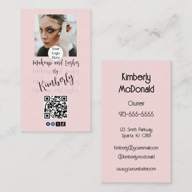 Carte De Visite Code QR Logo Script Rose Pâle Photo Maquillage/Cil (Devant / Derrière)