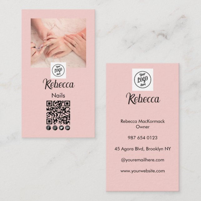 Carte De Visite Code QR Logo Script Rose Pâle Photo Vernis Ongles  (Devant / Derrière)