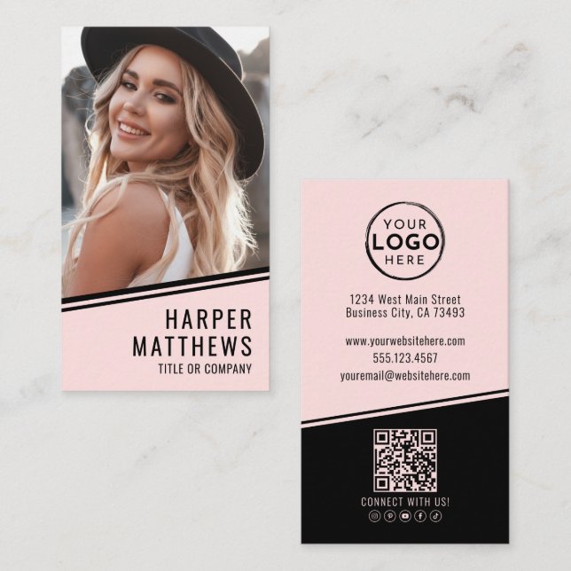 Carte De Visite Code QR Logo Simple Rose Pâle (Devant / Derrière)