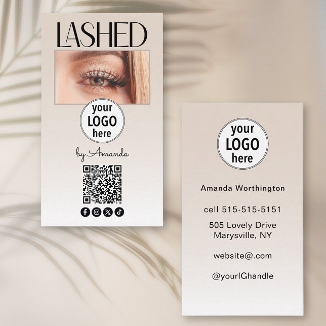 Carte De Visite Code QR Logo Social Beige Blush Lashed (Créateur téléchargé)