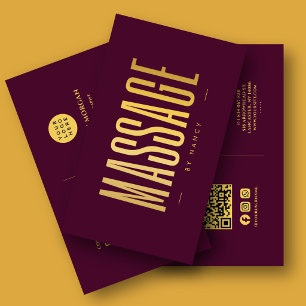 Carte De Visite Code QR Logo Thérapeute de Massage Bordeaux & Or